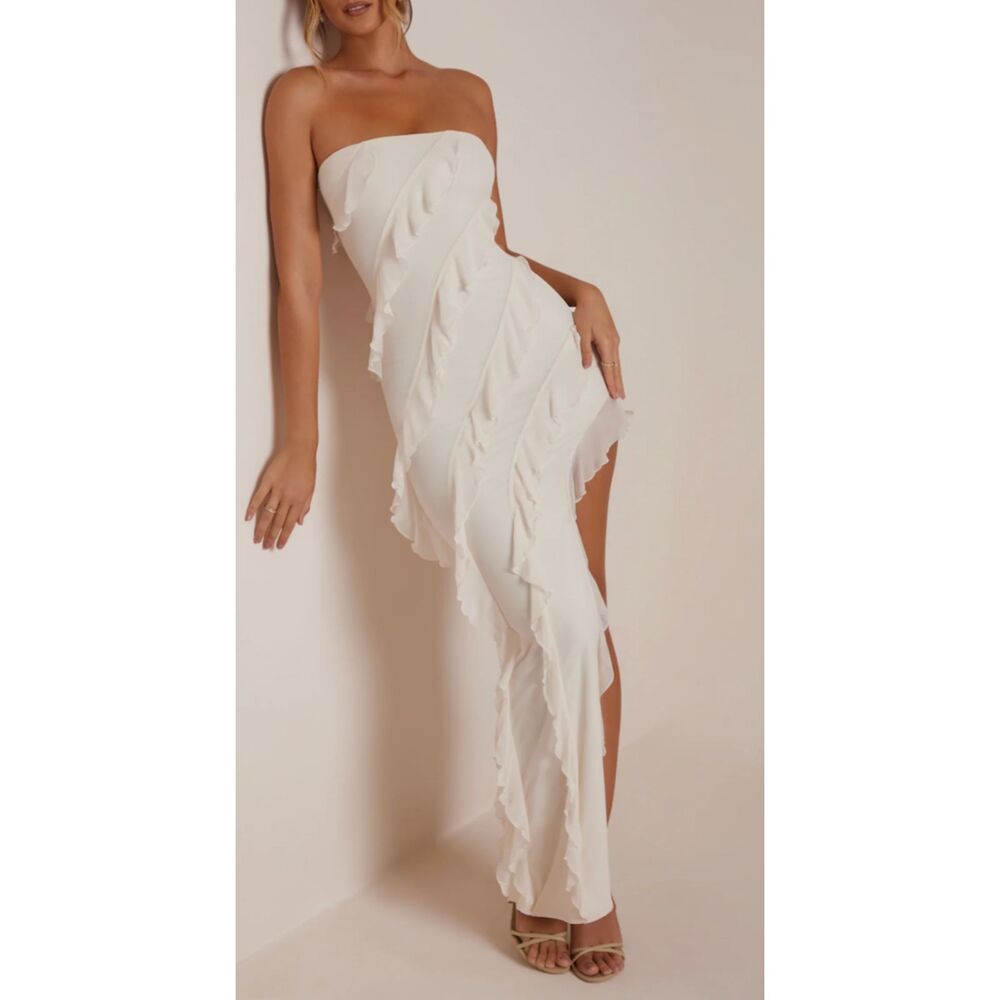 Oh Polly Nevali Bandeau Ruffle Detail Maxi Dress Ivory Size 4 NWT